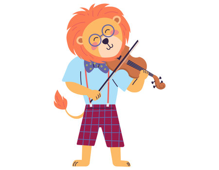 Animal music vector illustration. The animal music concept brings forth magical fairy tale in heart zoo Creatures unite in celebration, turning zoo into joyful music festival. Lion plays the violinのイラスト素材