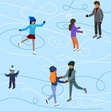 Ice skating rink. Skaters enjoy winter holiday season. People skating with their friends and families and having fun. Adults and children happy ice skate on street. Characters ride ice-skatingのイラスト素材