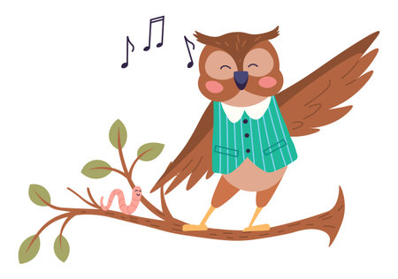 Animal music vector illustration. Happy creatures perform in cheerful music party, creating with lively music band as they perform magical animal music metaphor. Owl sings standing on a branchのイラスト素材