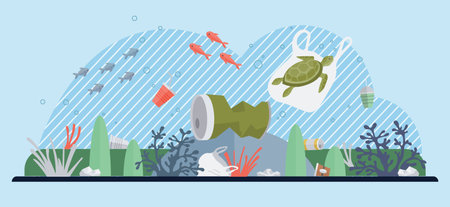 Ocean pollution vector illustration. The ocean pollution concept serves as wakeup call for environmental responsibility Garbage and trash in ocean pose significant threat to marine ecosystemsのイラスト素材