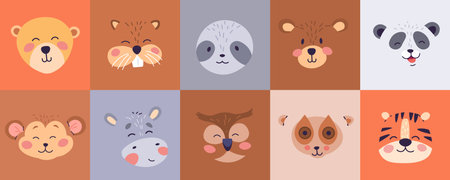 illustration presents a joyful array of stylized animal faces, each with unique features, ideal for educational materials or children playtime funのイラスト素材