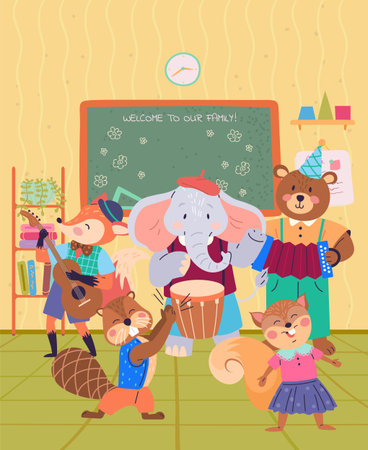 Animal band vector illustration. The zoo becomes lively celebration music and wildlife, led by cheerful animal band Join festivities as wildlife orchestra performs. Welcome to our familyのイラスト素材