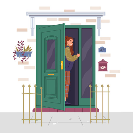 Woman enters house opening door and turning around to look out. Young girl stands on porch of dwelling near entrance and says goodbye after date or walk. girl standing in doorway entrance to houseのイラスト素材