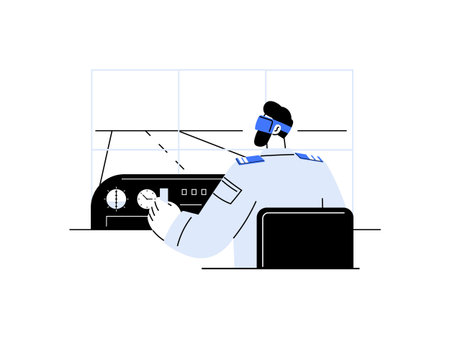 Depiction of a pilot with VR headset operating a flight simulator in a cockpit setting. Represents advanced training in aviation, virtual reality, and simulation technology.のイラスト素材