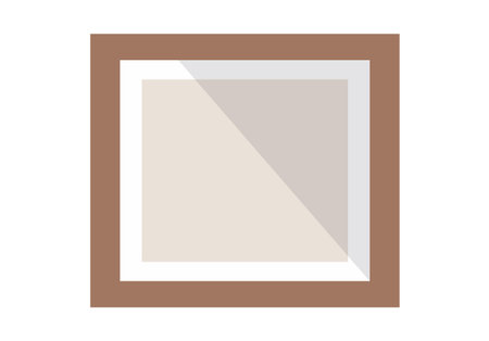 A square wall mirror with a wide brown wooden frame, shown isolated on a white background. The mirror casts a soft shadow, adding depth and style to home interior designs, perfect for decor.のイラスト素材