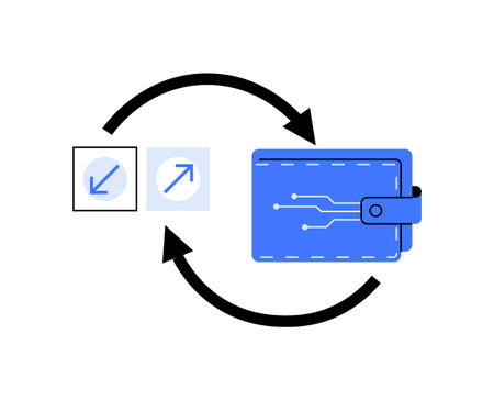 Illustration of a wallet with circuit design and two-way arrows. Great for concepts of digital...