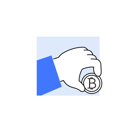 Hand holding a bitcoin, highlighting cryptocurrency, digital currency investment, and blockchain technology. Relevant for fintech, cryptocurrency, and blockchain applications.のイラスト素材