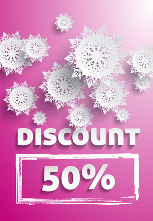 Delicate paper snowflakes float above bold discount text 50 percent. Applicable to winter sales, holiday promotions, seasonal marketing, and festive advertising campaigns. Pink gradient backdropのイラスト素材