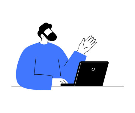 Simplified illustration of a person at a laptop, wearing a blue shirt. Ideal for representing remote work, online meetings, or digital communication in modern workplace or education contexts.のイラスト素材