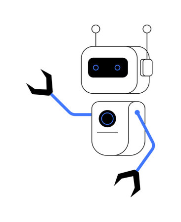Minimalistic robot icon with blue highlights and black outlines on a white background. Suitable for...