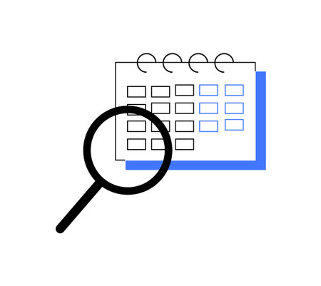Magnifying glass over calendar, symbolizing time management, scheduling, deadlines, or productivity, ideal for organizational tools, project management, and business planning.のイラスト素材