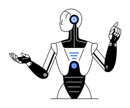 Humanoid robot with raised arms, visible gears and circuits, black and white with blue highlights. Themes are robotics, technology, artificial intelligence, futurism, and automation.のイラスト素材