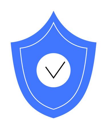 Blue shield with white circle and black check mark symbolizes security and protection. Ideal for cybersecurity, data protection, software security, virus protection, and reliability.のイラスト素材