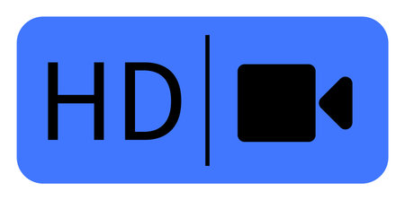 A blue rectangular background with HD text and a vertical line followed by a video camera icon in black. Represents high-definition video. Themes: video quality, HD, media, technology, digital contentのイラスト素材