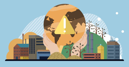 Industrial buildings and factories juxtaposed with bare trees and a globe with an exclamation mark...
