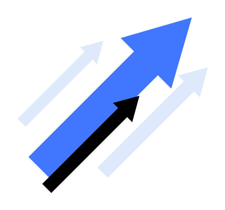 Four rising arrows in different shades of blue and black, symbolizing growth, progress, and upward trends. The dark blue arrow is prominent, emphasizing significant advancement.のイラスト素材