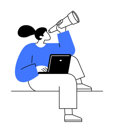 Vector image of a person sitting with a laptop, looking through a telescope. The person has a blue shirt, white pants, and a simple appearance, signifying exploration, technology, and future vision.のイラスト素材