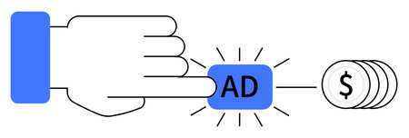 This image depicts a hand pressing a blue ad button, leading to stacked coins. Ideal for advertising, marketing, revenue, monetization, and online business themes.のイラスト素材