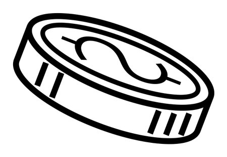 A black and white drawing of a coin with a dollar sign, angled slightly, on a white background. Ideal for finance, investment, money-related projects, economy, banking, and financial education. Minimaのイラスト素材