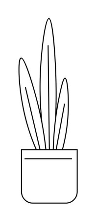 A simplistic black and white line drawing of a potted plant with long, slender leaves. Ideal for botanical themes, minimalism, interior decor, gardening, and vector art. Clean lines and simple formのイラスト素材