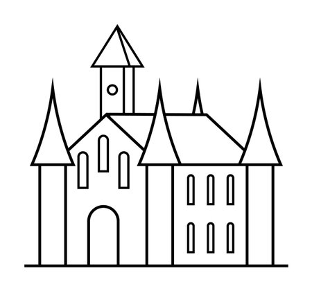 Black and white line art showing a castle with tall spires, a clock tower, and arched windows. Ideal for historical themes, architecture, children s stories, fantasy settings, and educational purposesのイラスト素材