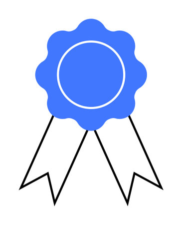 A blue award ribbon with scalloped edges and two trailing ribbons on a white background. Ideal for achievements, awards, recognition, certification, and excellence.のイラスト素材