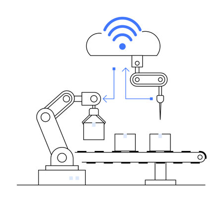 Connected robotic arm and conveyor belt under cloud network. Ideal for automation, industrial IoT, smart manufacturing, connectivity, and productivity. Simple line art style.のイラスト素材