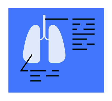 Simplified human lungs outlined on a blue background with annotated text lines. Ideal for medical...