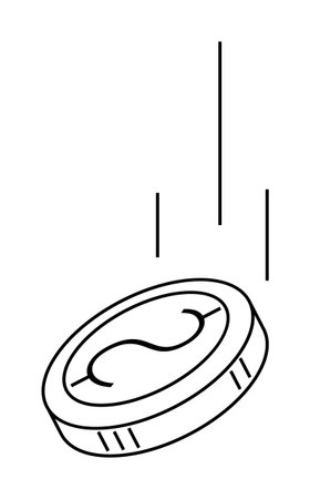 A coin is captured in mid-air with three lines indicating its falling motion. Ideal for financial topics, economic studies, decision-making, investments, and risk analysis. Line art style.のイラスト素材