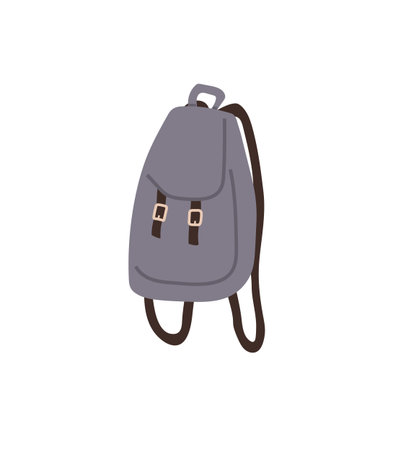 Grey backpack with brown straps and buckles. Simple and modern. Ideal for fashion accessories, travel gear, school supplies, casual outings, and minimalist lifestyle. Clean vector style designのイラスト素材