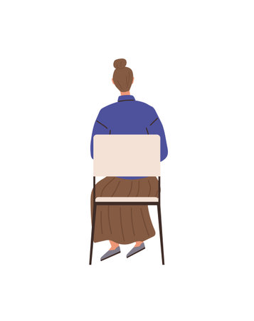 A woman with brown hair in a bun sits on a chair, facing away. She wears a blue top and a brown skirt. Ideal for themes of solitude, contemplation, relaxation, simplicity and quiet. Minimalist vectorのイラスト素材