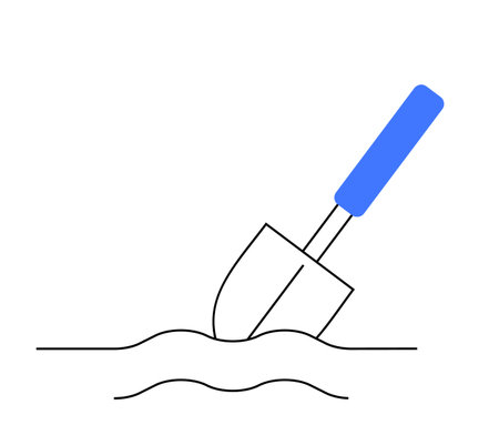 Blue-handled garden trowel penetrating soil. Ideal for gardening, landscaping, horticulture, agriculture, and soil cultivation. Simple and modern style with minimalistic design.のイラスト素材
