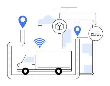 Truck with GPS markers, WiFi signal, package, and digital device for tracking deliveries. Ideal for e-commerce, logistics, real-time tracking, technology, and courier services. Simple vector style.のイラスト素材