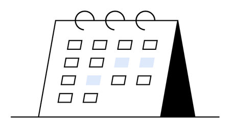 A standing desktop calendar with three ring bindings, displaying several days. Some days are highlighted in blue. Ideal for planners, schedules, appointments, organization, and productivity themes.のイラスト素材