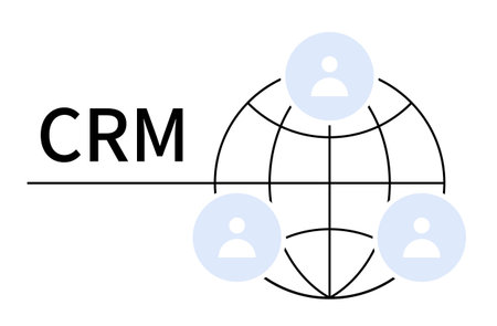 A visual concept of CRM featuring a global network symbol with three user avatars. Ideal for customer management, networking, business strategies, global outreach, and digital communication themes.のイラスト素材