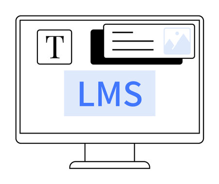 A vector graphic shows a computer monitor displaying text, an image icon, and LMS . Ideal for education, e-learning platforms, online courses, digital learning, and virtual classrooms.のイラスト素材