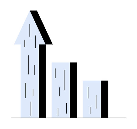 Vertical bar graph with three bars, the first represented by an upward-pointing arrow. Ideal for business growth, financial success, market analysis, performance metrics, economic indicators. Simple,のイラスト素材