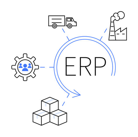 Diagram visualizing an ERP system centralizing logistics truck icon , manufacturing factory icon , resource management gear with people , and inventory stacked boxes . Ideal for explaining ERPのイラスト素材