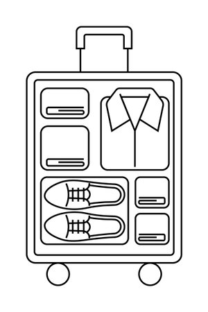 A suitcase packed with neatly folded clothes and shoes. Ideal for travel, packing tips, vacation preparation, organization, and minimalist packing. Simple line art style.のイラスト素材