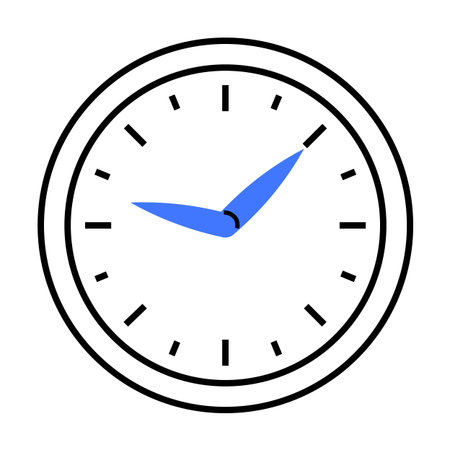Simple black and white analog clock with blue hands and minimalist design. Ideal for time...