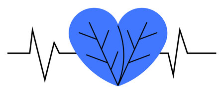 Blue heart with branch-like veins and EKG line. Ideal for healthcare, nature, wellness, environmental health, cardiology. Minimalist design, vector art.のイラスト素材