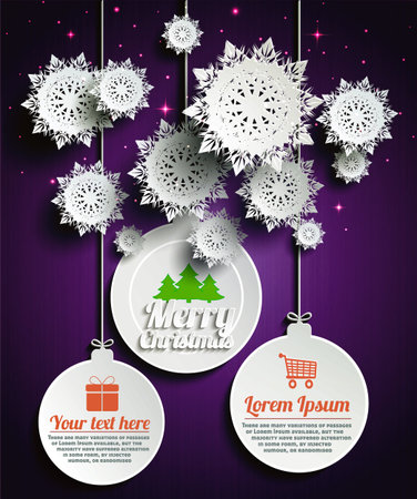 Intricate white paper snowflakes, a Merry Christmas message, and two circular ornaments with space for custom text on a dark purple background. Ideal for holiday greetings, festive invitationsのイラスト素材
