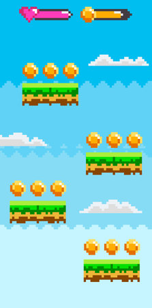 Floating grassy platforms with rows of collectible gold coins. Health bar and energy bar with pink and yellow indicators. Ideal for vintage arcade games retro gaming platforms adventure levels andのイラスト素材