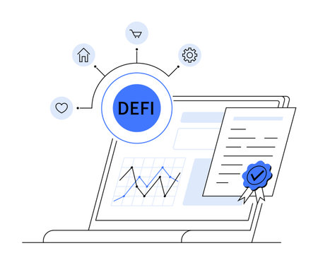 Computer screen with financial graph, smart contract, DeFi hub, and small related icons. Ideal for finance, blockchain, cryptocurrency, smart contracts, digital economy. Simple vector style.のイラスト素材