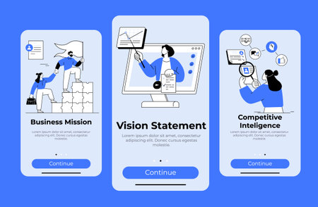 Three panels featuring business concepts. A person holding a flag on a stack of blocks, another presenting on a computer monitor, and a person analyzing data icons. Ideal for business, strategyのイラスト素材