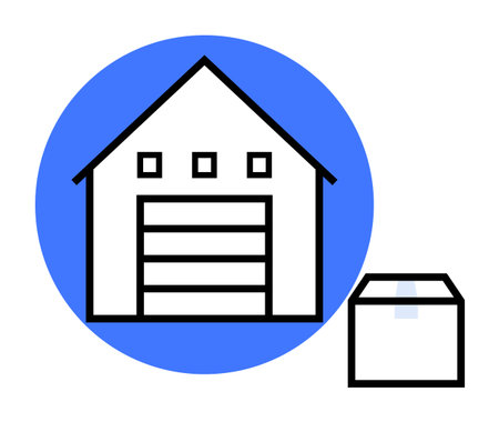 Warehouse building with garage door and a package beside it, on a blue circle background. Ideal for logistics, shipping, storage, warehouse management, delivery services, and distribution. Minimalistのイラスト素材