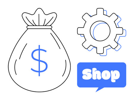 Simple line art bag with a dollar sign, gear, and speech bubble with the word shop in blue. Ideal for e-commerce, commerce, online shopping, business, and financial management. Outline styleのイラスト素材