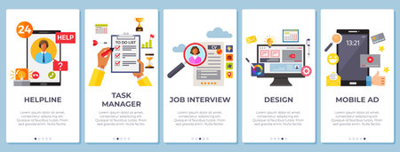 Task manager, helpline, job interview, mobile ad design web page set, digital advertising social media online marketing, business conference. Company personnel training, career development courseのイラスト素材