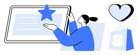 A person interacts with a large tablet featuring a star symbol. A heart and a shopping bag are adjacent. Ideal for customer feedback, online reviews, e-commerce, user engagement, satisfaction ratingのイラスト素材