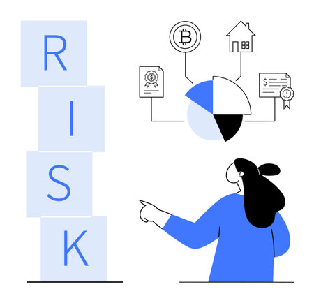 A woman points at a pie chart connected to icons representing Bitcoin, real estate, certificates, and contracts, next to stacked blocks spelling RISK. Ideal for finance, investments, risk managementのイラスト素材